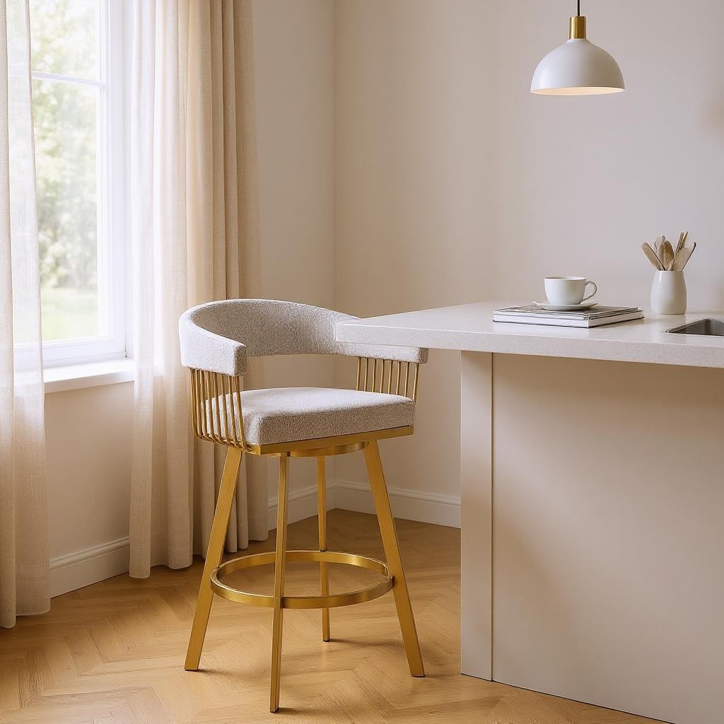 Taupe & Gold Fabric & Stainless Steel Low Back Counter Height Swivel Bar Chair