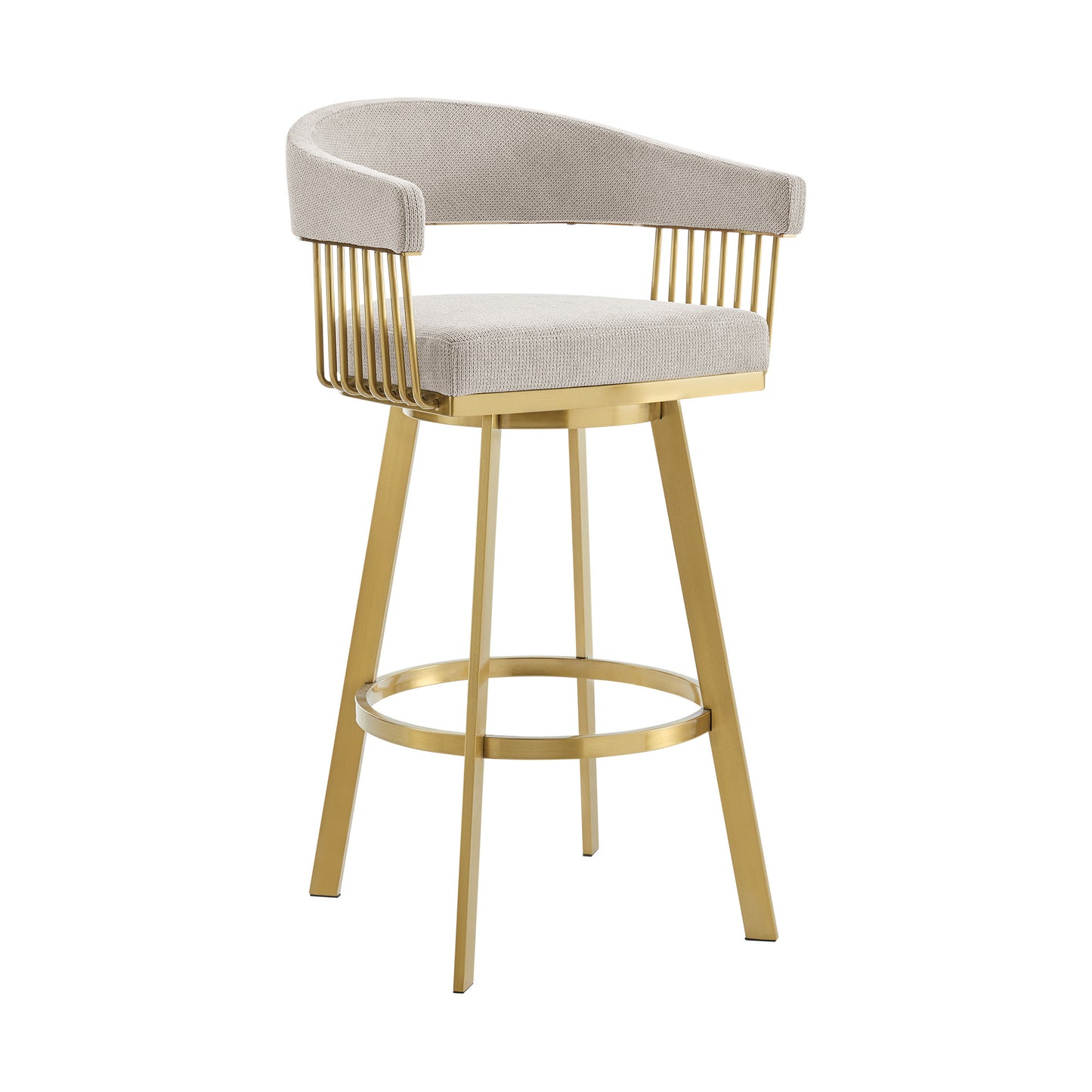 Taupe & Gold Fabric & Stainless Steel Low Back Counter Height Swivel Bar Chair