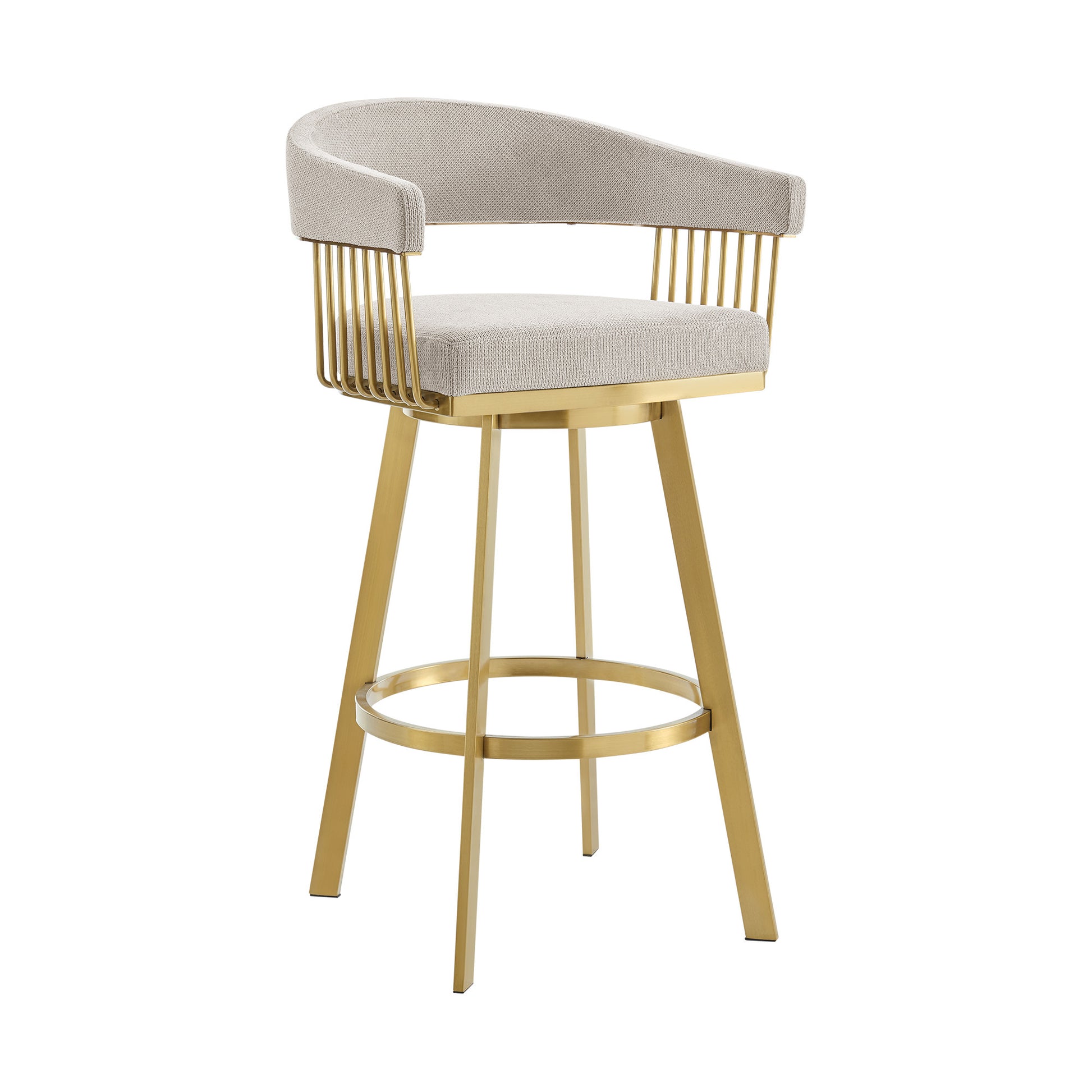 Taupe & Gold Fabric & Stainless Steel Low Back Counter Height Swivel Bar Chair