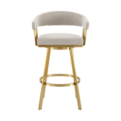 Taupe & Gold Fabric & Stainless Steel Low Back Counter Height Swivel Bar Chair
