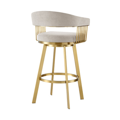 Taupe & Gold Fabric & Stainless Steel Low Back Counter Height Swivel Bar Chair