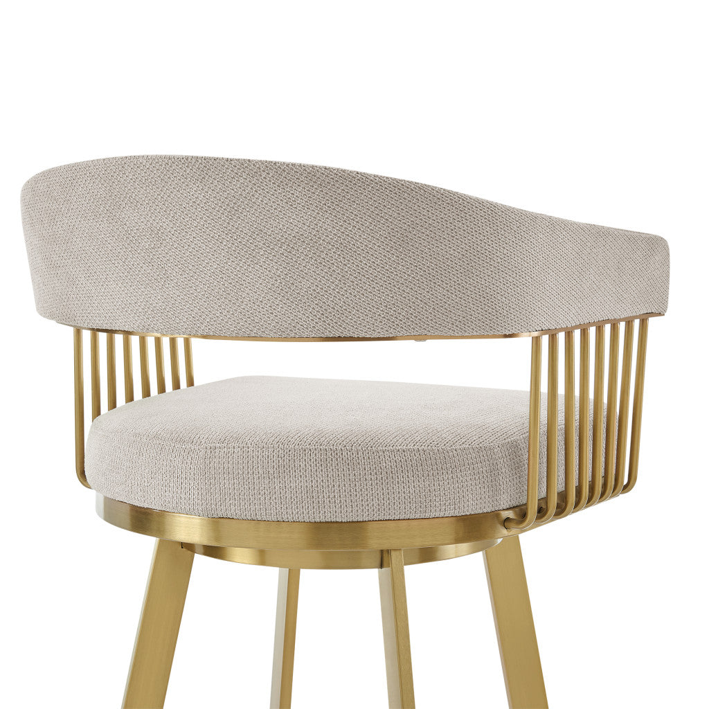 Taupe & Gold Fabric & Stainless Steel Low Back Counter Height Swivel Bar Chair
