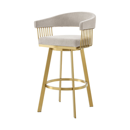 Taupe & Gold Fabric & Stainless Steel Low Back Bar Height Swivel Bar Chair