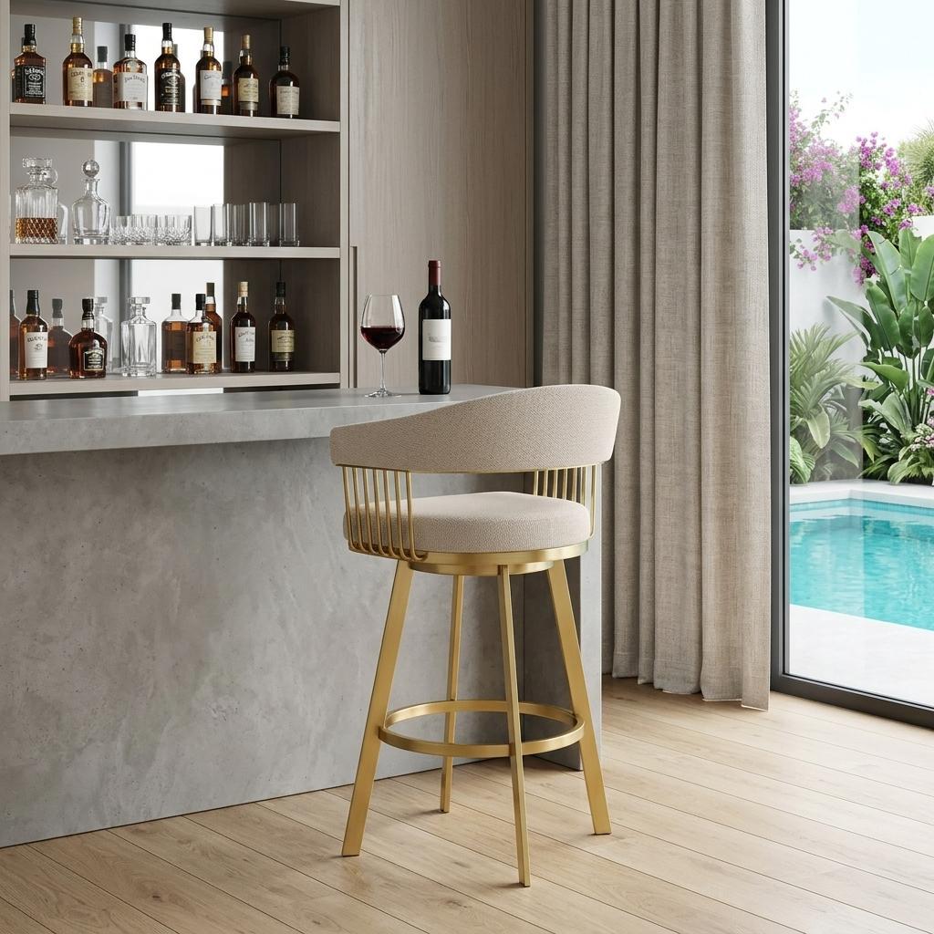 Taupe & Gold Fabric & Stainless Steel Low Back Bar Height Swivel Bar Chair
