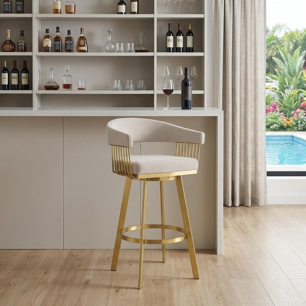 Taupe & Gold Fabric & Stainless Steel Low Back Bar Height Swivel Bar Chair