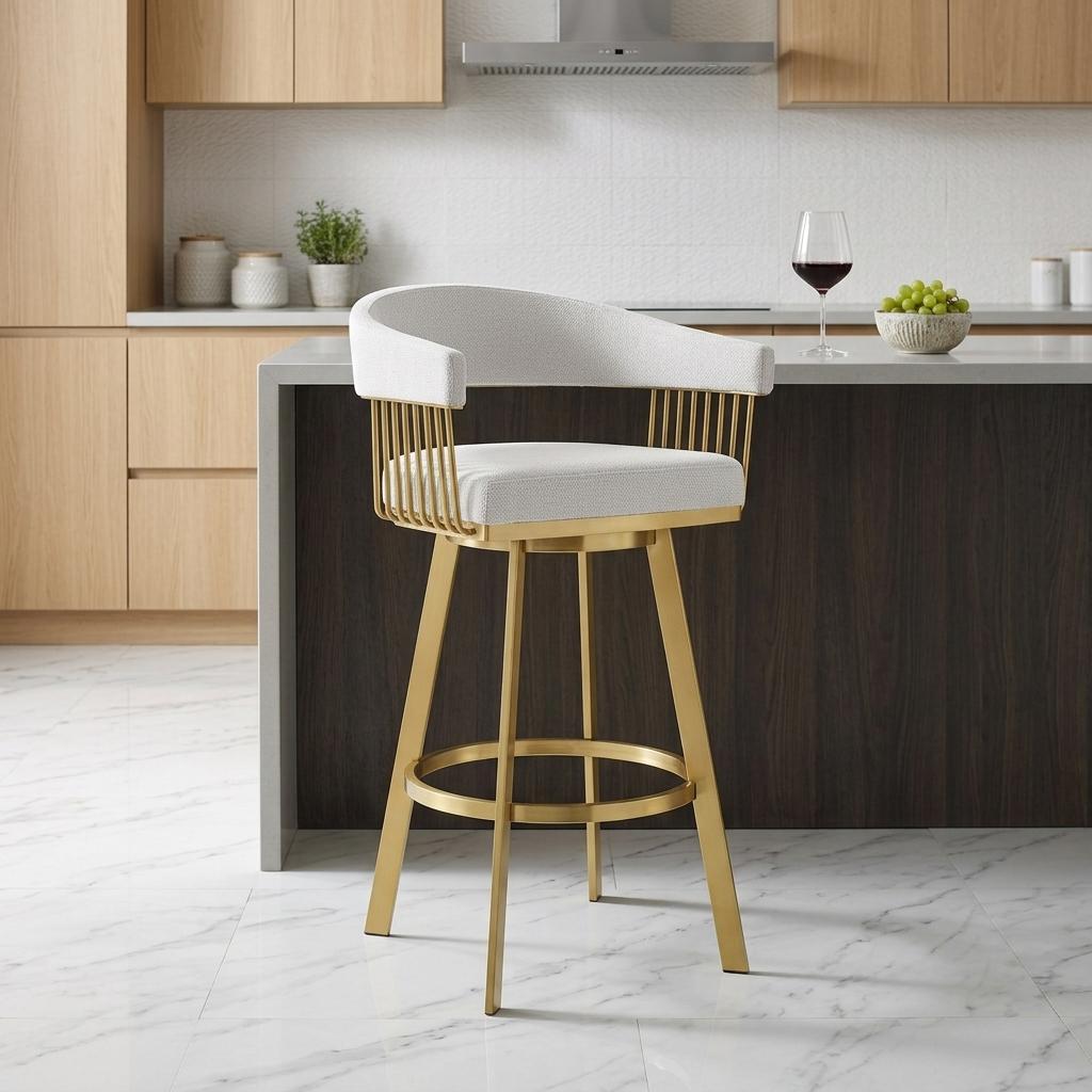 Silver & Gold Fabric & Stainless Steel Low Back Counter Height Swivel Bar Chair