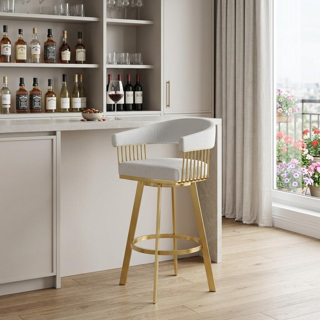 Silver & Gold Fabric & Stainless Steel Low Back Bar Height Swivel Bar Chair