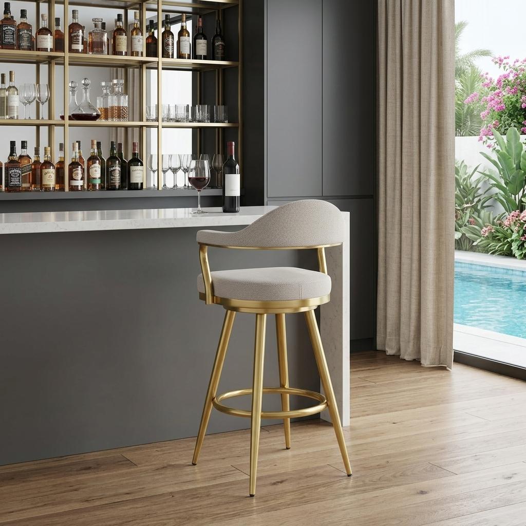 Taupe & Gold Fabric & Stainless Steel Bar Height Swivel Bar Chair