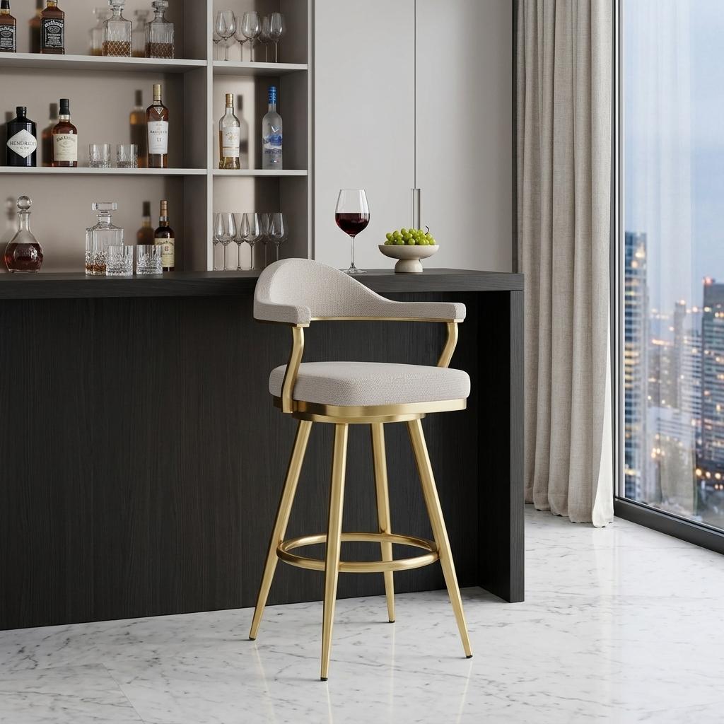 Taupe & Gold Fabric & Stainless Steel Bar Height Swivel Bar Chair