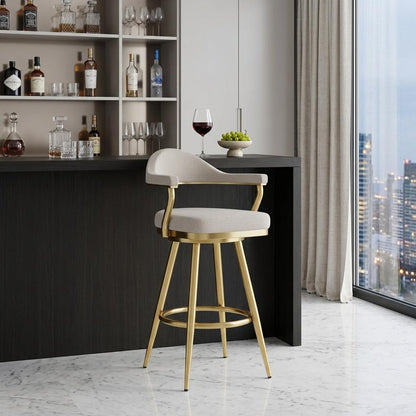 Taupe & Gold Fabric & Stainless Steel Bar Height Swivel Bar Chair