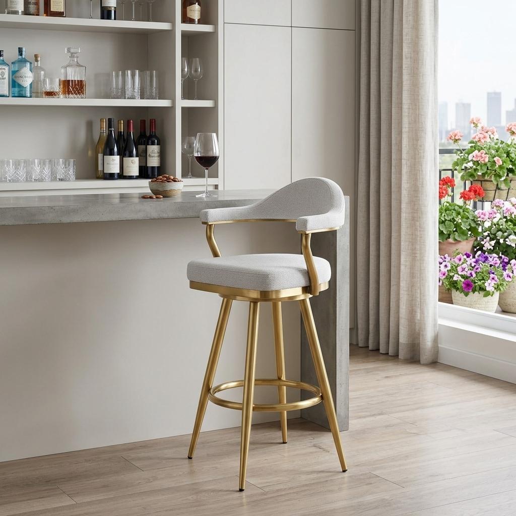 Silver & Gold Fabric & Stainless Steel Low Back Bar Height Swivel Bar Chair