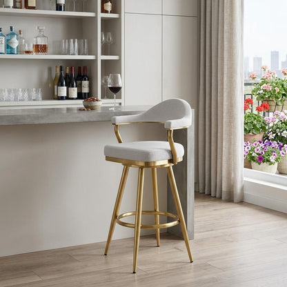 Silver & Gold Fabric & Stainless Steel Low Back Bar Height Swivel Bar Chair