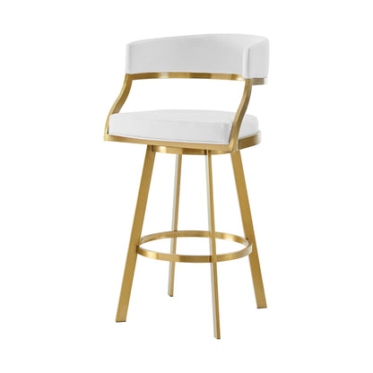 White & Gold Faux Leather & Stainless Steel Low Back Counter Height Swivel Bar Chair