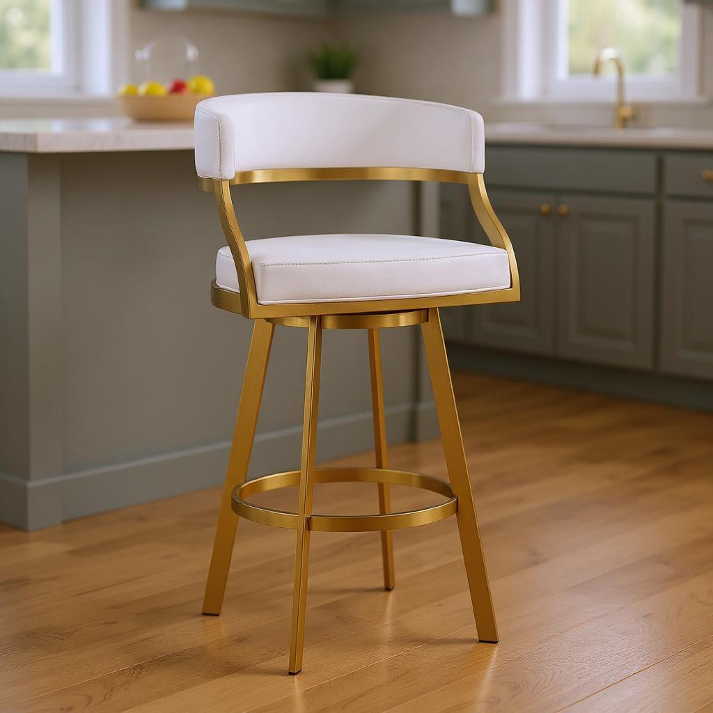 White & Gold Faux Leather & Stainless Steel Low Back Counter Height Swivel Bar Chair