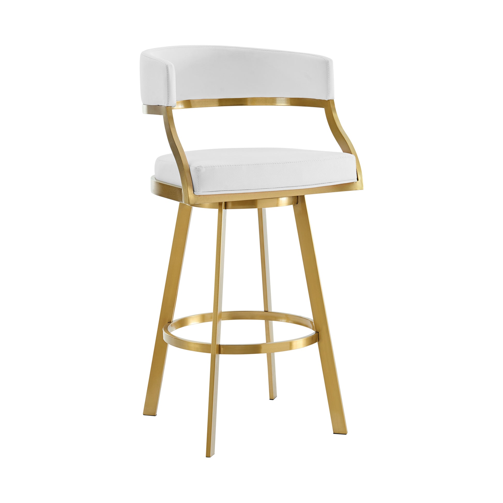 White & Gold Faux Leather & Stainless Steel Low Back Counter Height Swivel Bar Chair