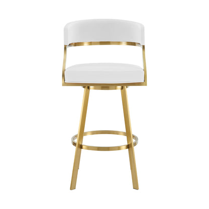 White & Gold Faux Leather & Stainless Steel Low Back Counter Height Swivel Bar Chair