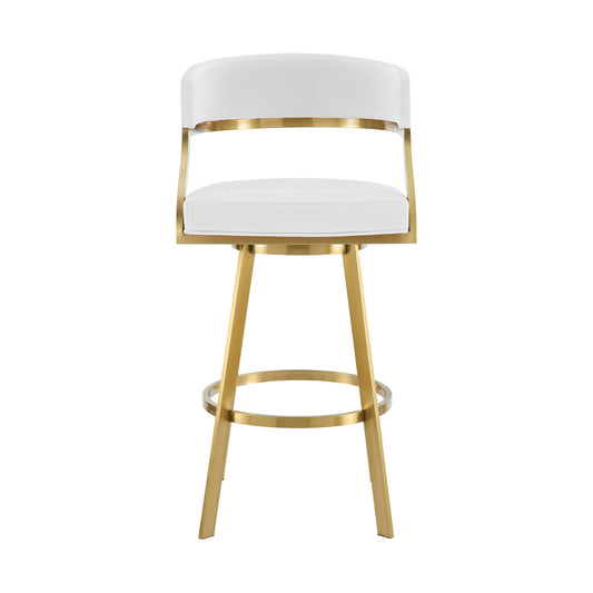White & Gold Faux Leather & Stainless Steel Low Back Counter Height Swivel Bar Chair