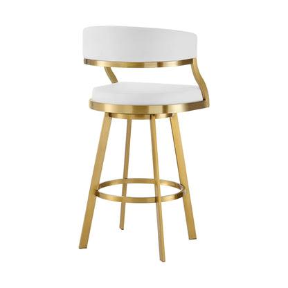 Genevieve White & Gold Faux Leather & Stainless Steel Low Back Counter Height Swivel Bar Chair