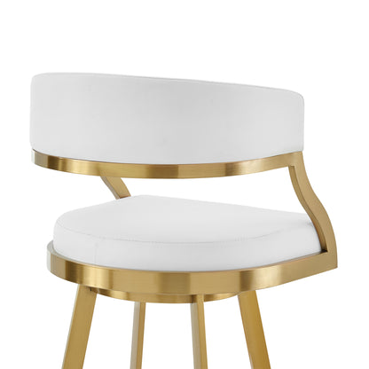 White & Gold Faux Leather & Stainless Steel Low Back Counter Height Swivel Bar Chair