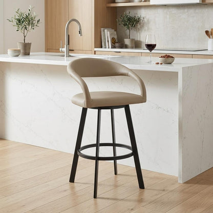 Beige & Black Faux Leather & Iron Low Back Counter Height Swivel Bar Chair