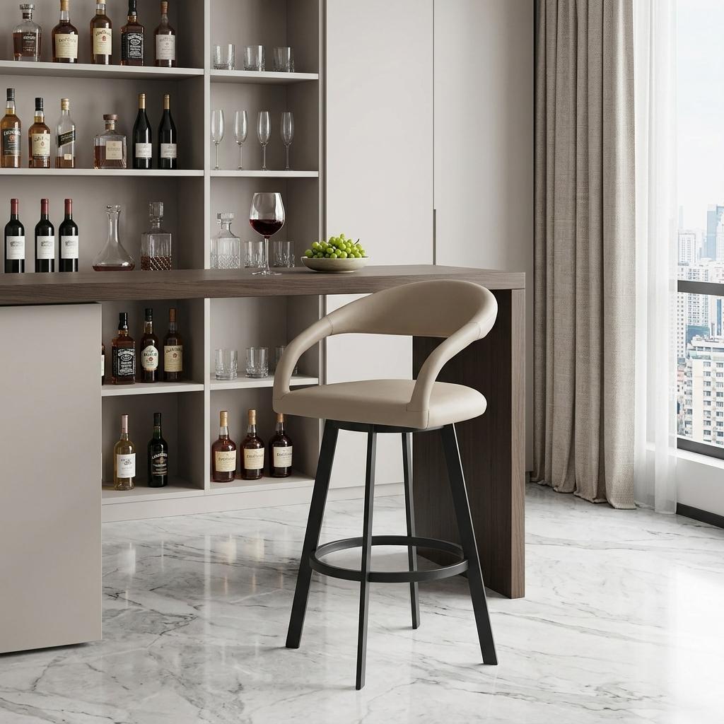 Beige & Black Faux Leather & Iron Low Back Bar Height Swivel Bar Chair
