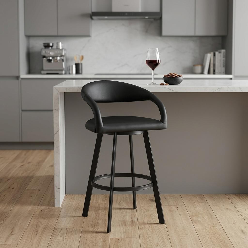 Black Faux Leather & Iron Low Back Counter Height Swivel Bar Chair