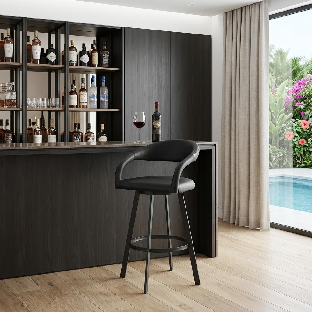 Black Faux Leather & Iron Low Back Bar Height Swivel Bar Chair