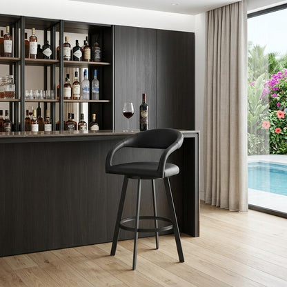Black Faux Leather & Iron Low Back Bar Height Swivel Bar Chair