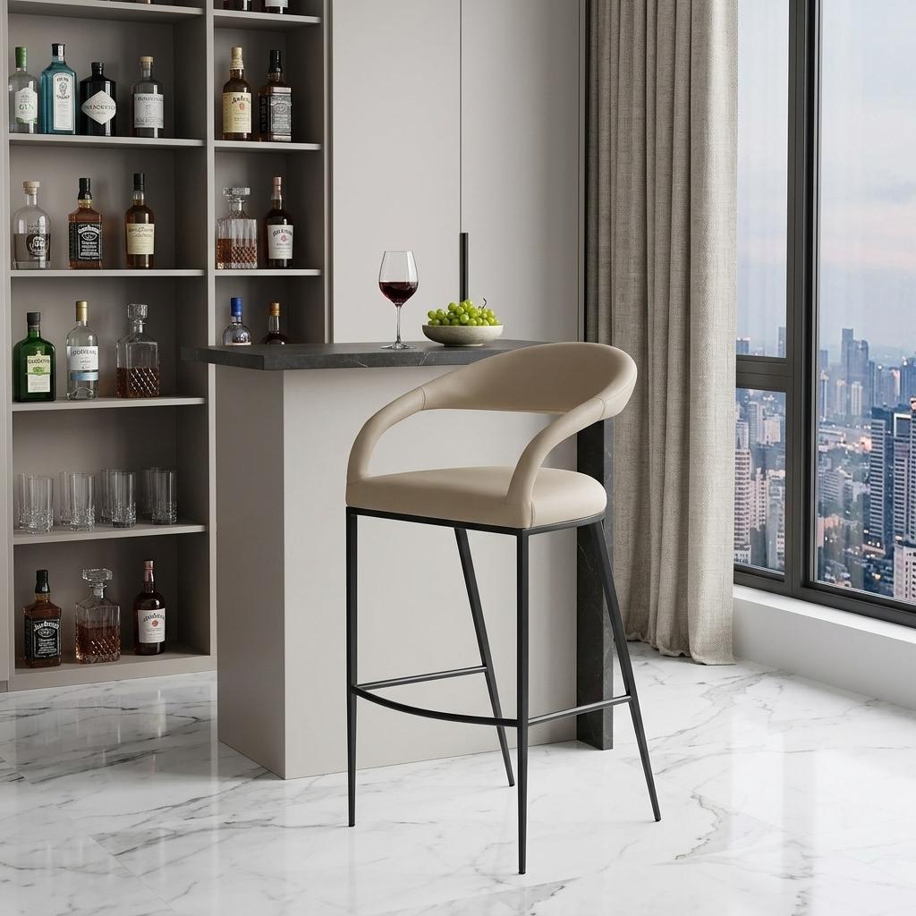 Beige & Black Faux Leather & Iron Low Back Bar Height Bar Chair