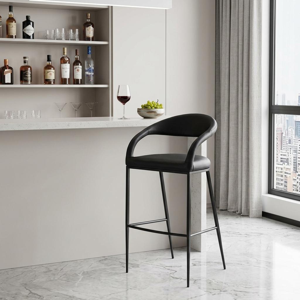 Black Faux Leather & Iron Low Back Bar Height Bar Chair