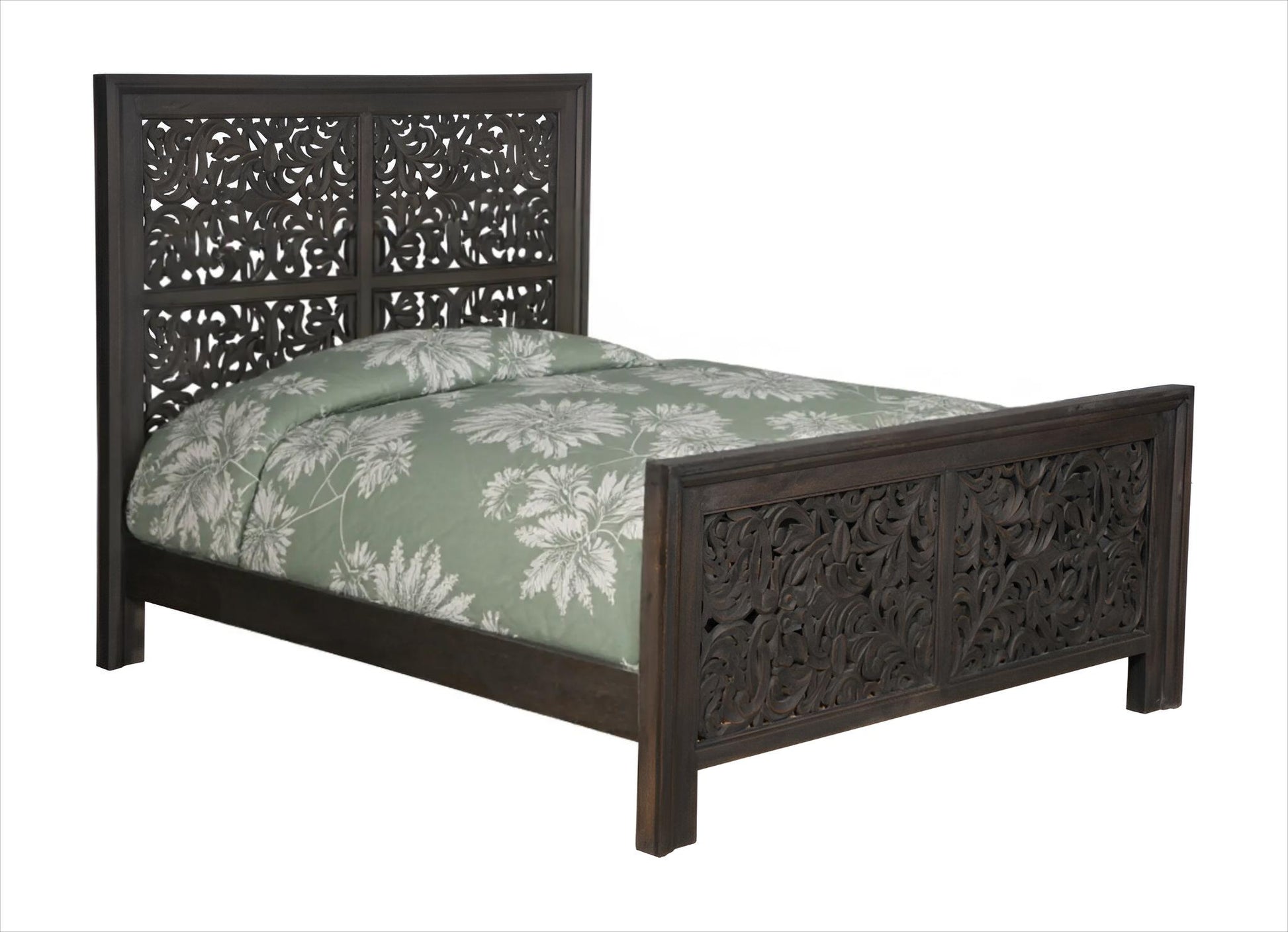 Gray Carved Scrollwork Distressed Solid Wood Queen Bed