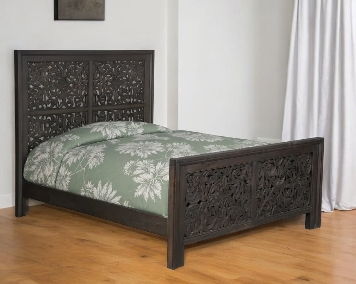 Gray Carved Scrollwork Distressed Solid Wood Queen Bed