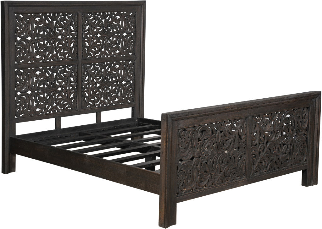 Gray Carved Scrollwork Distressed Solid Wood Queen Bed