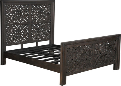 Gray Carved Scrollwork Distressed Solid Wood Queen Bed