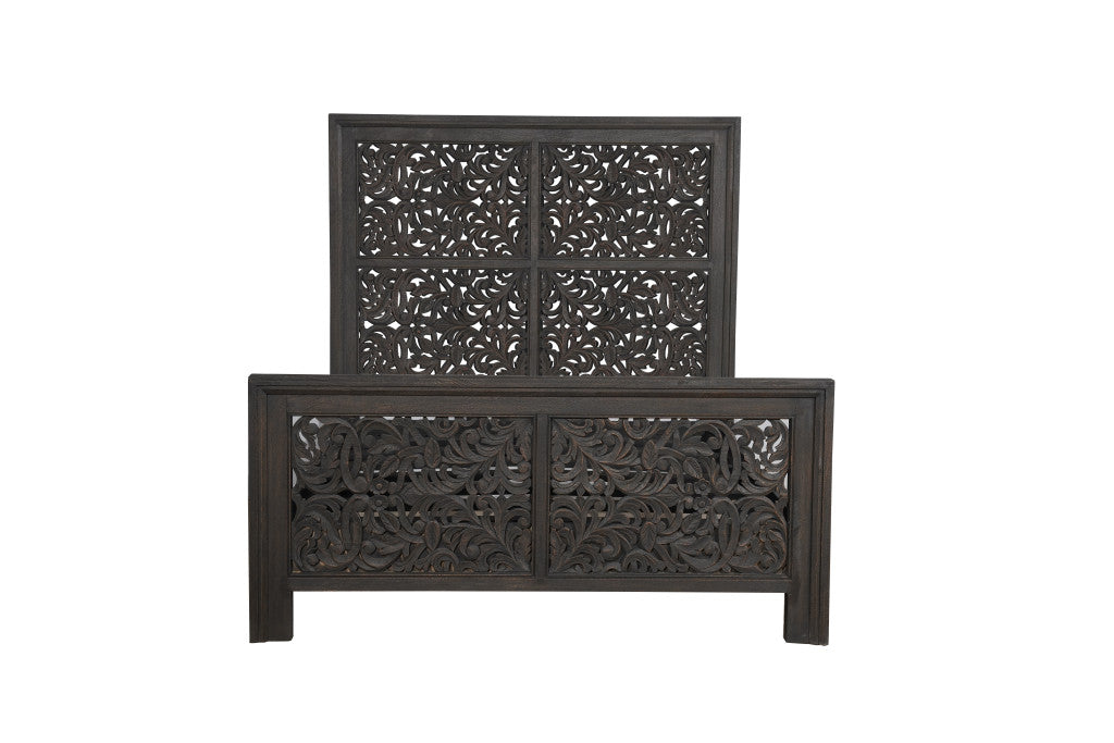 Gray Carved Scrollwork Distressed Solid Wood Queen Bed