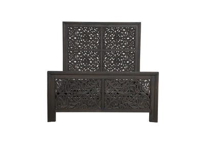 Gray Carved Scrollwork Distressed Solid Wood Queen Bed