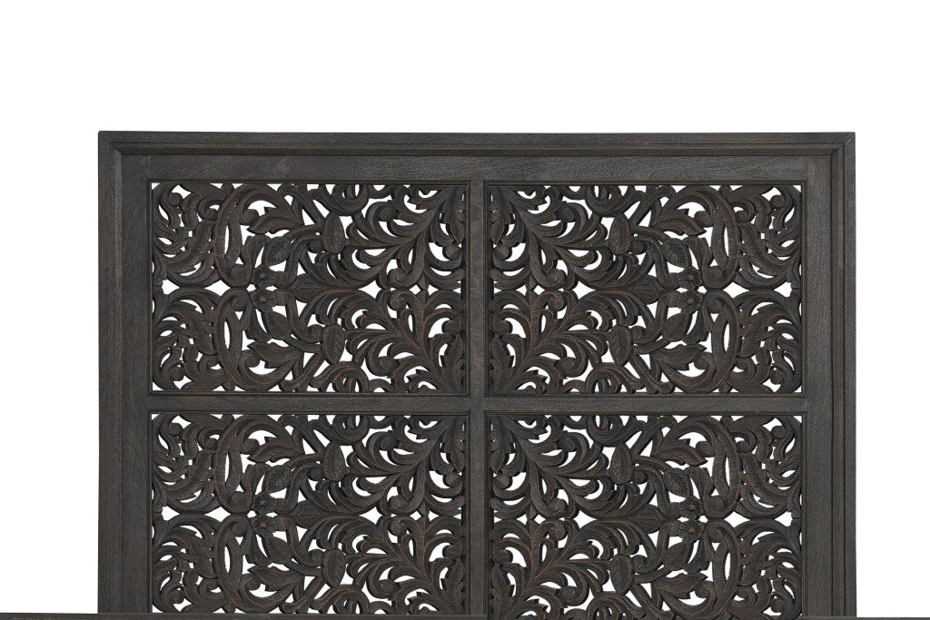 Gray Carved Scrollwork Distressed Solid Wood Queen Bed