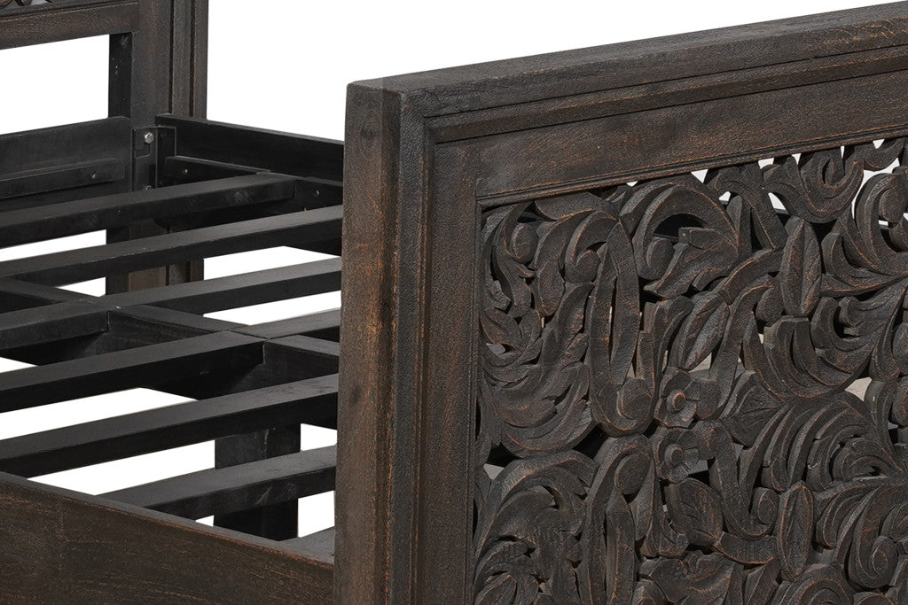 Gray Carved Scrollwork Distressed Solid Wood Queen Bed