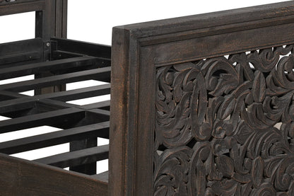 Gray Carved Scrollwork Distressed Solid Wood Queen Bed