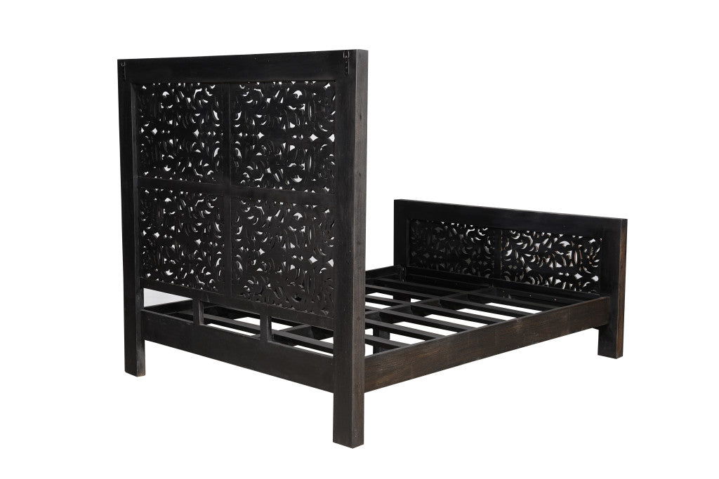 Gray Carved Scrollwork Distressed Solid Wood Queen Bed