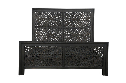 Black Carved Scrollwork Distressed Solid Wood King Bed Frame
