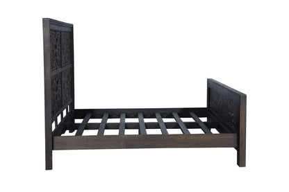 Black Carved Scrollwork Distressed Solid Wood King Bed Frame
