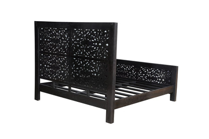 Black Carved Scrollwork Distressed Solid Wood King Bed Frame