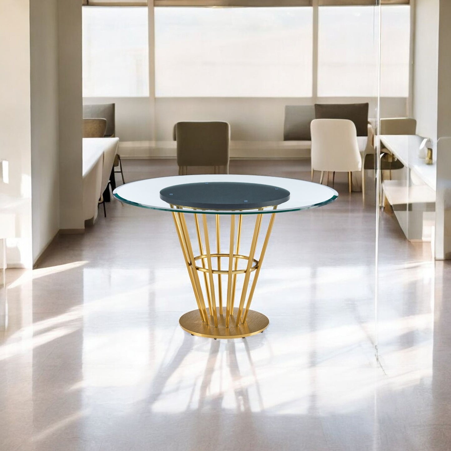 Clear And Gold Glass And Stainless Steel Pedestal Base Round Top Dining Table