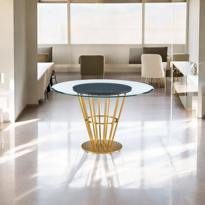 Clear And Gold Glass And Stainless Steel Pedestal Base Round Top Dining Table