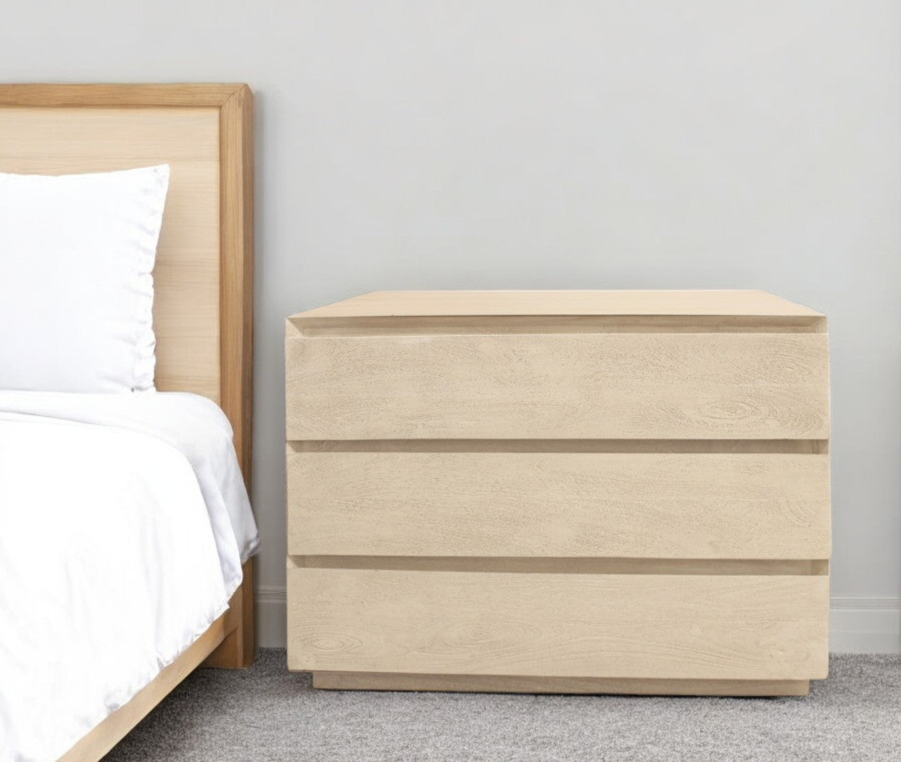 Natural Three Drawer Wide Wood Nightstand