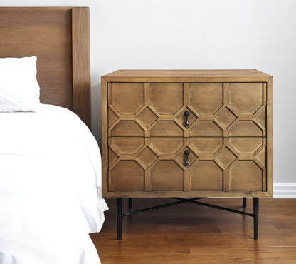 Natural 2 Drawer Carved Geometric Nightstand
