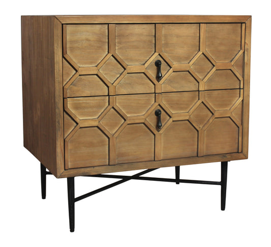 Natural 2 Drawer Carved Geometric Nightstand