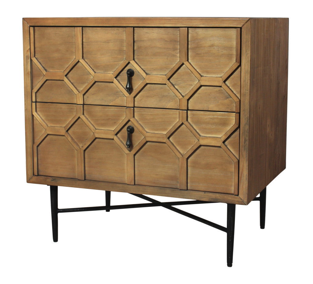 Natural 2 Drawer Carved Geometric Nightstand