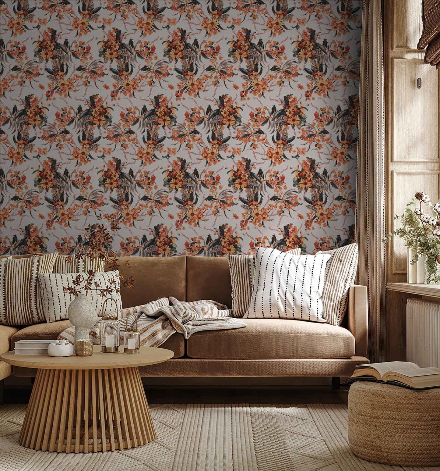 Springtime Wallpaper - Off-White & Orange